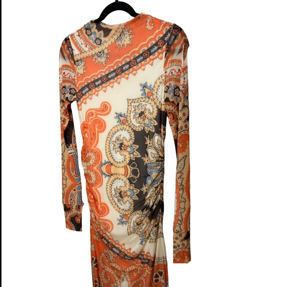 Farm Rio Long-Sleeve Mock-Neck Mesh Slim Midi Dress - Orange Bandana L - Picture 6 of 10